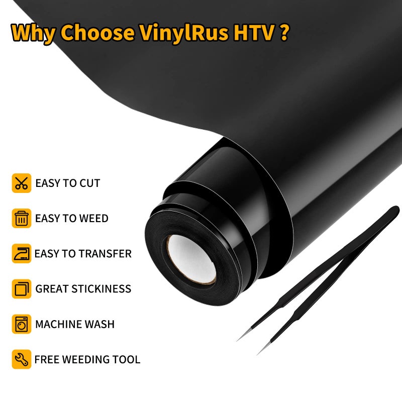 VinylRus فينيل نقل الحرارة من VinylRus - 12 × 25 قدم حديد أسود على لفافة الفينيل للقمصان HTV فينيل للصور الظلية Cameo Cricut سهلة القطع والأعشاب - Image 3
